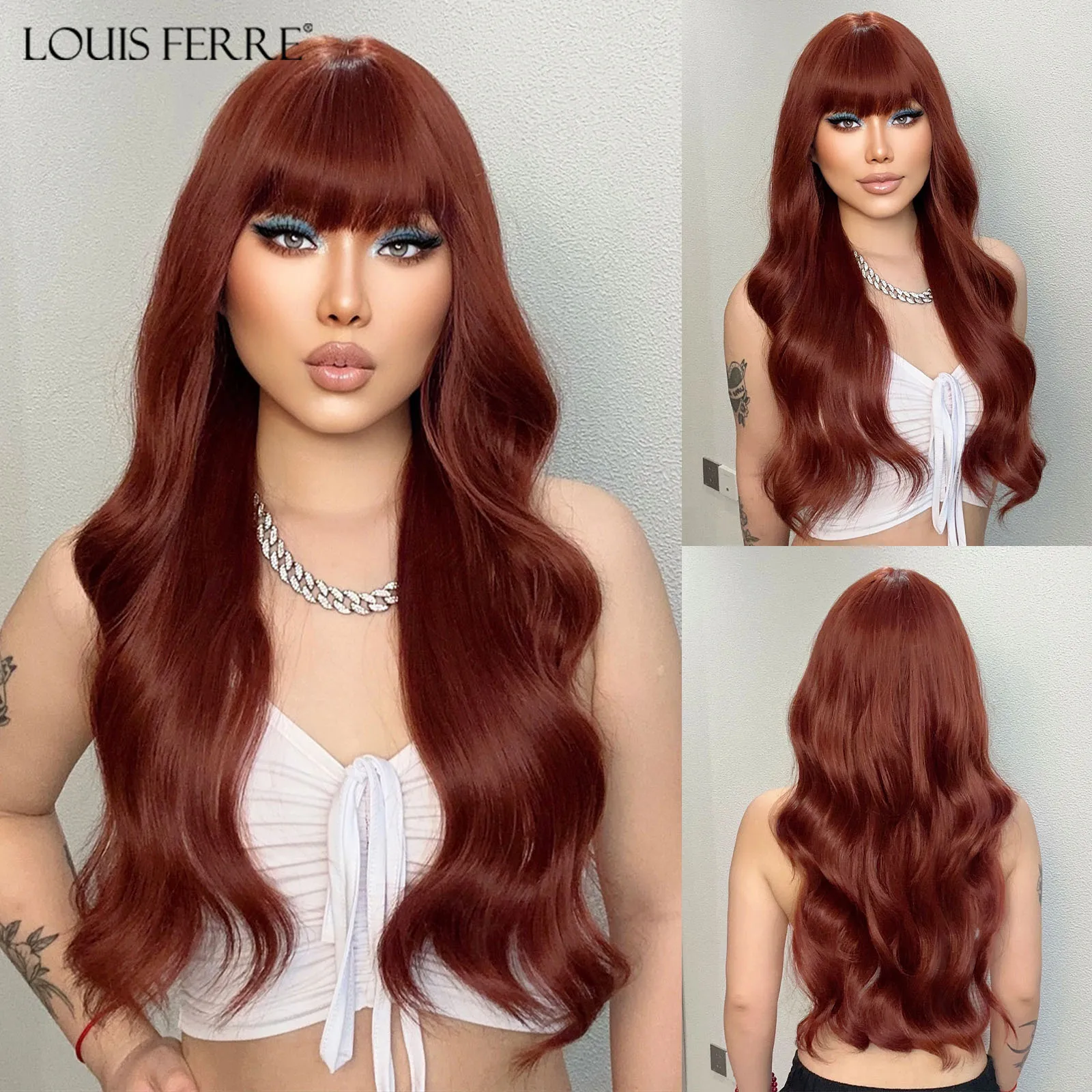 Louis Ferre Vino Rosso Ondulato Parrucca Sintetica Capelli Lunghi Ondulati Naturali Con Frangia Quotidiano Cosplay Resistente Al Calore Moda Donna Par