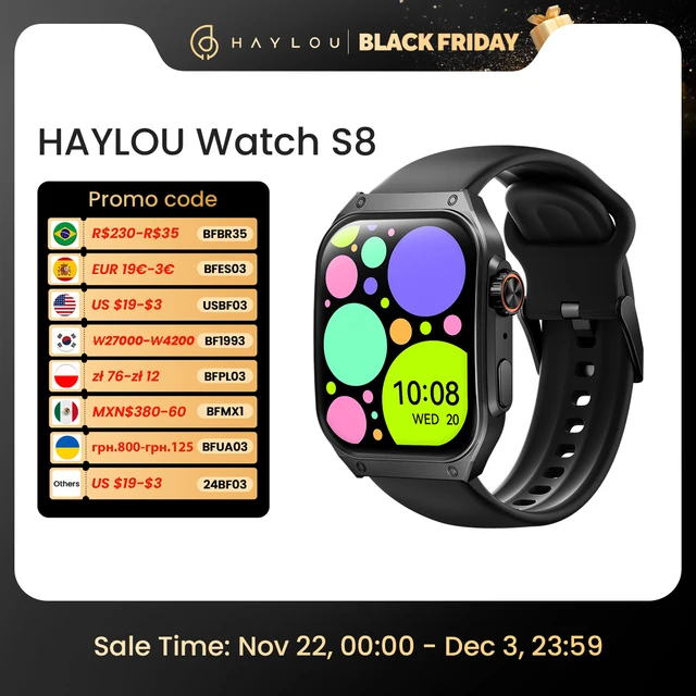 HAYLOU Watch S8 Smartwatch 1.96'' AMOLED Curved Screen BT5.3 Bluetooth Call AI Voice Assistant 20 Days Smart Watches for Men