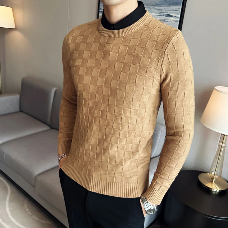 2022Fake 2 piece Shirt Collar Casual Knitting Sweaters/Male Slim Fit Fashion Round Collar Pullover/Men Jacquard Plaid Knit Shirt