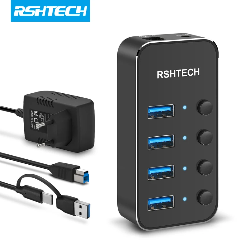 

RSHTECH Powered USB Hub 5Gbps Aluminum USB Splitter USB3.0 Extension Hub with 2-in-1 USB Type A/C Cable 5V/2A Power Adapter