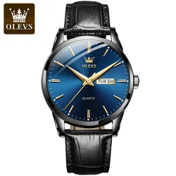 OLEVS Men's Waterproof Classic Leather Quartz Watch with Calendar (Black blue)