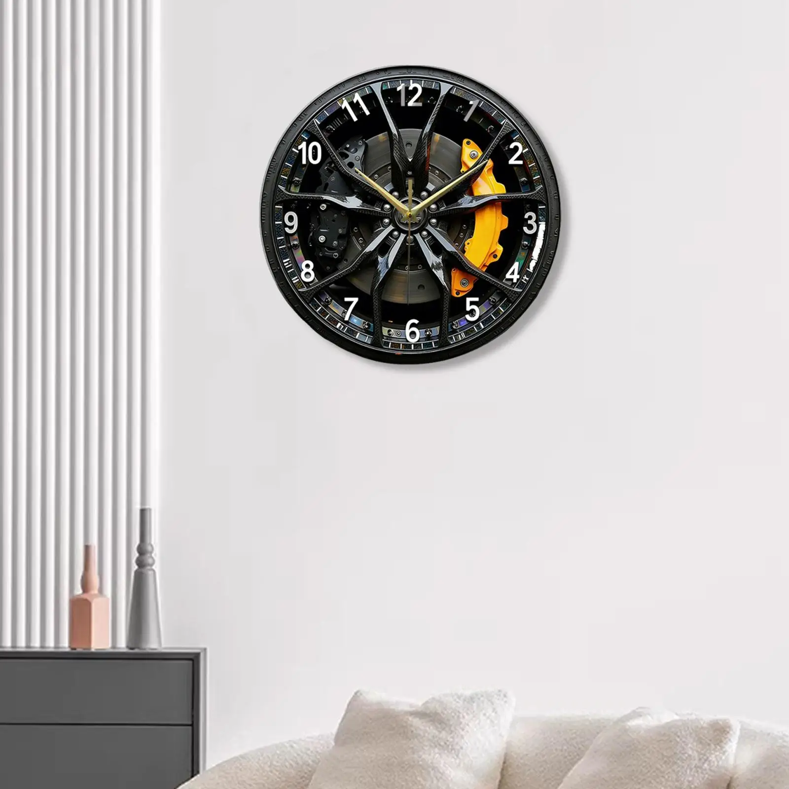 2D Car Wheel Hub Wall Clock Lightweight Silent Gifts Hanging Clock Wall Decoration Acrylic Ornament for Farmhouse Home Classroom