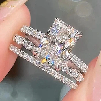 Wong Rain Solid 925 Sterling Silver Crushed Ice Cut 7*10MM Lab Sapphire Gemstone Ring Sets 3Pcs Fine Jewelry Wedding Party Gifts 1