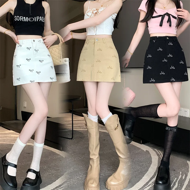 

Женская джинсовая юбка с бантом, универсальная трапециевидная короткая юбка с высокой талией и карманами в Корейском стиле, лето 2024