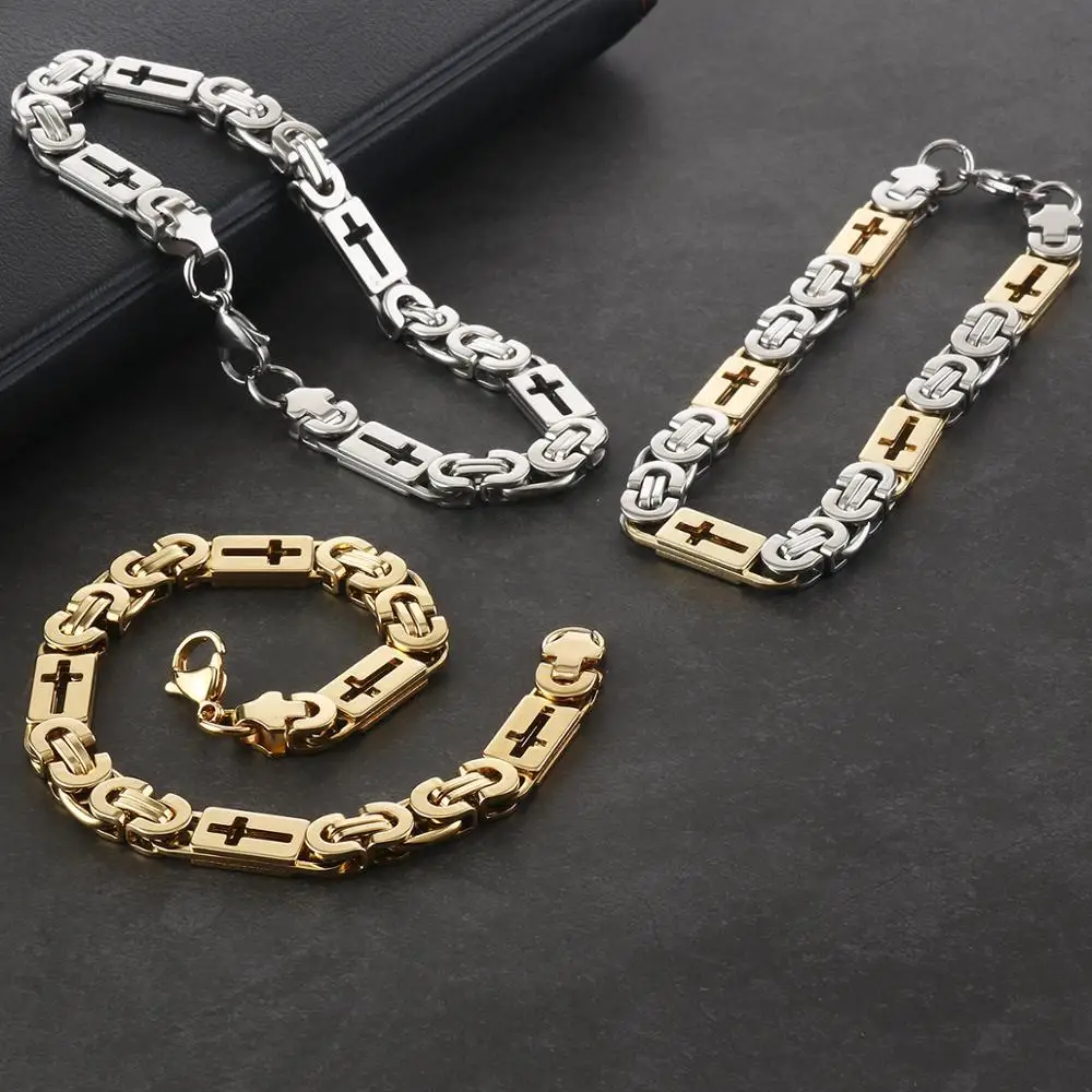 Men Stainless Steel Carved Cross Heavy Link Chain Bracelets Metal Byzantine Wristband Bracelets Religous Jewelry stainless steel bracelet charm bracelet