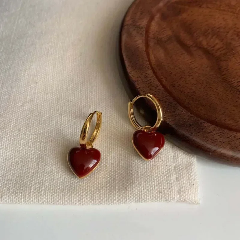 Dangle Earrings Wine Red Love Heart For Women Gold Color Circle Vintage Peach Drop Earring Fashion Jewelry
