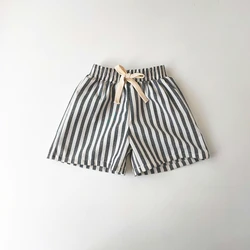 Vintage-Style Children's Linen Cotton Striped Pants and Shorts - 3T(100) (Short Black)