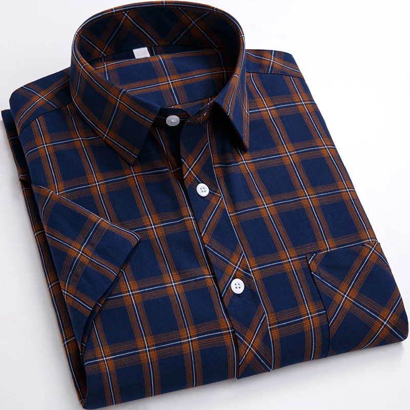 Cotton Shirt Men Summer Short Sleeve Plaid 8XL 7XL