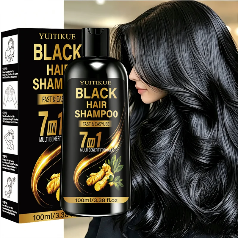 YUITIKUE Black Hair Dye Shampoo 100ml, 7 In 1 Multi Benefit, Easy Use Ginger Shampoo For Darken Gray White Hair