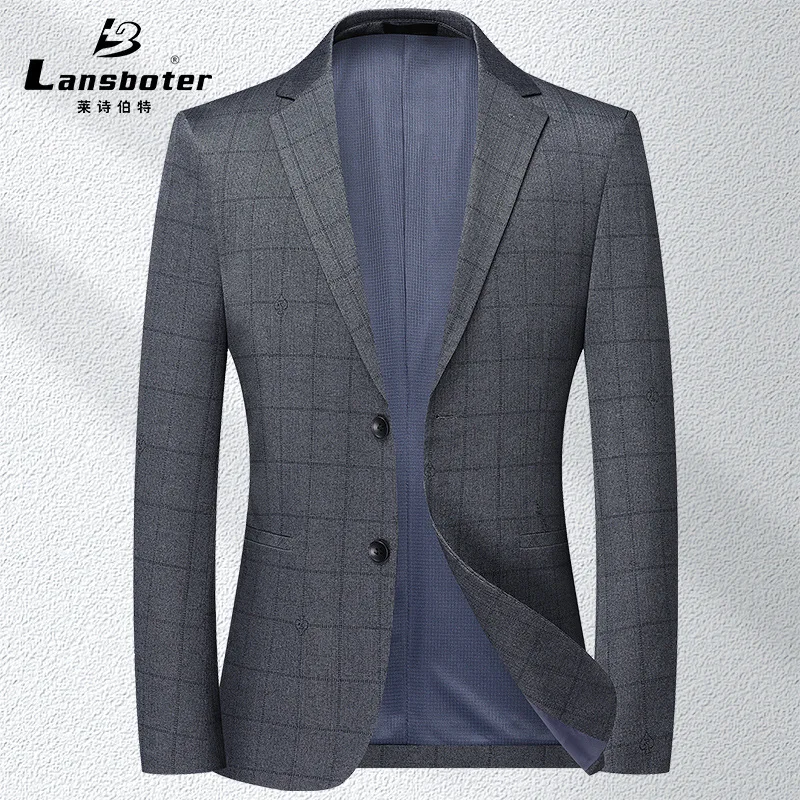 

Lansboter Grey Men Suit Spring And Autumn Thin Korean Version Slim Fit Elastic Non Ironing Checker Small Suit Casual Sheet