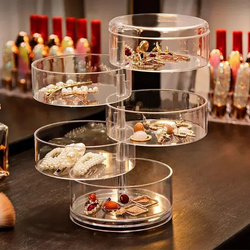 Rotating Jewelry Storage Box for Makeup Storage Rack Bracelet Earring Round Plastic Organizer Box Holder Display Rack with Cover