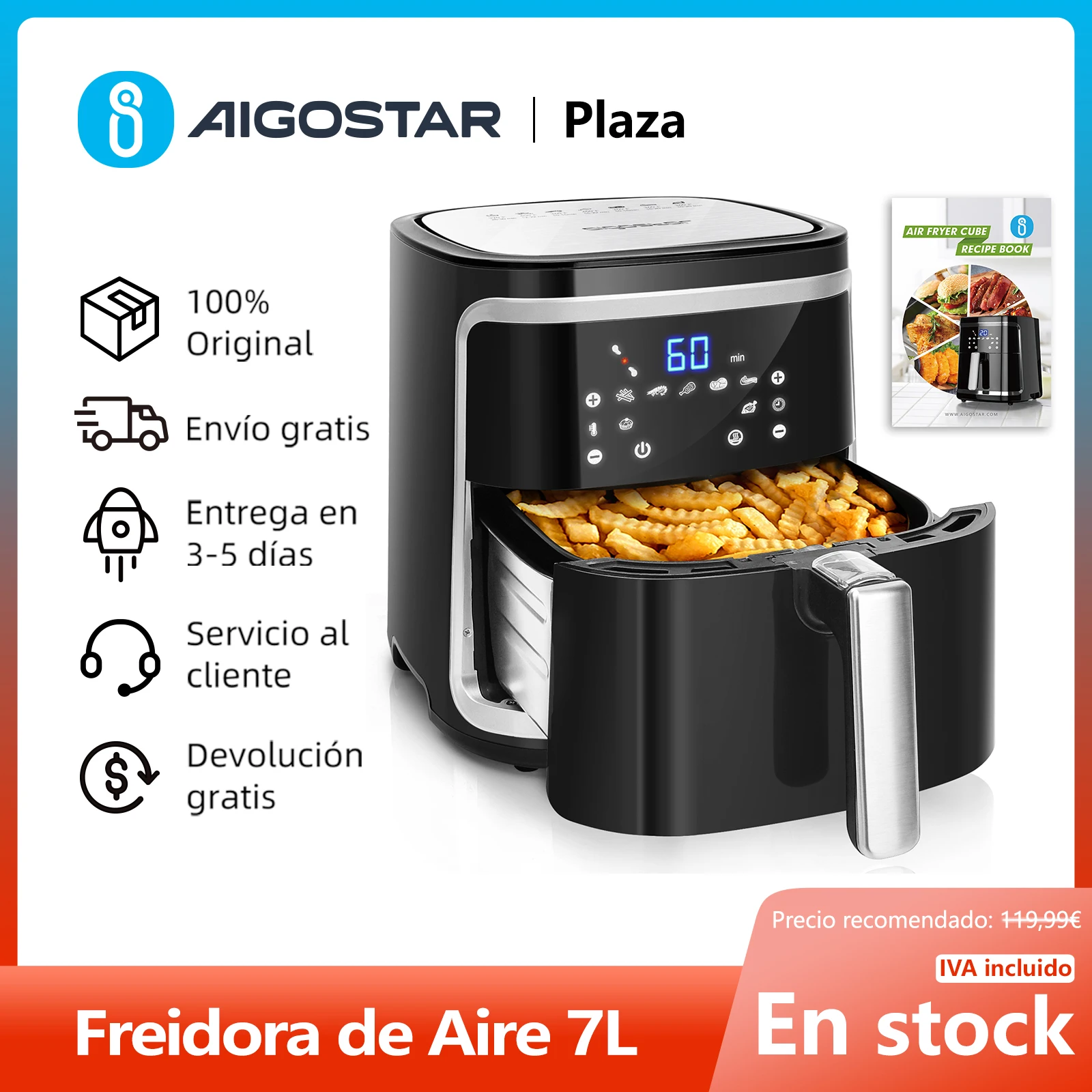 Aigostar Cube - Freidora de aire sin aceite 7L, 1900W, 7 funciones  preestablecidas + mantener caliente, modo manual, panel LED táctil. Doble  uso: con