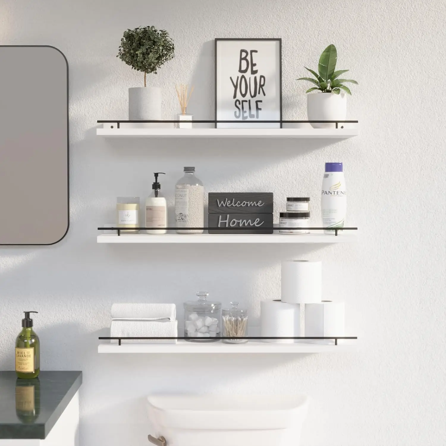 WOPITUES Floating Shelves 24 inch with Gold Metal Guardrail Shelves for Wall Decor Set of 3 Wall Shelves for Bedroom Bathroom 2