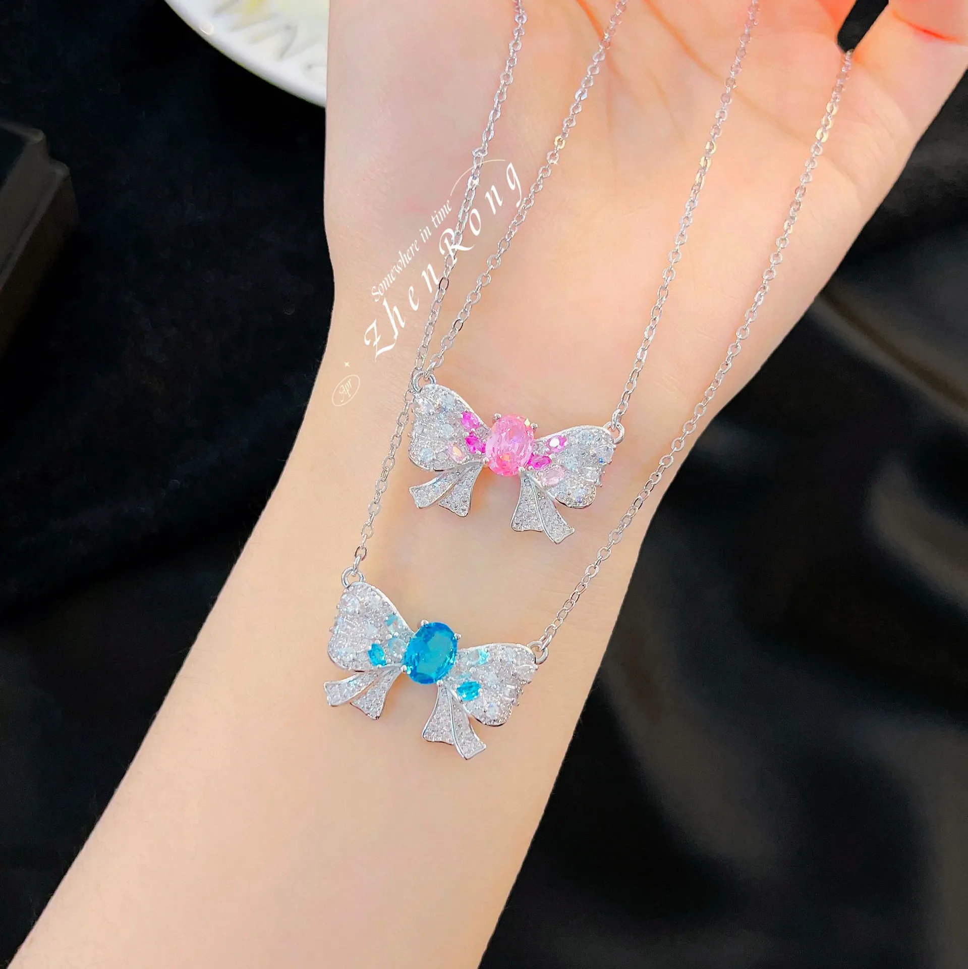 Foydjew милые изысканные дизайнерские ожерелья с бантом венецианские мечты синего/розового цвета бриллиантовое ожерелье с подвеской для женщин аксессуары для девушек