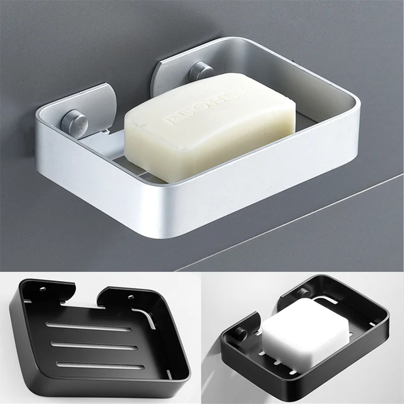 Soap Dish Storage Holder Black Aluminum Bathroom Soap Holder Shower Wall Mounted Decorative Dishes Box Basket Square 비누 받침대 soap holder soap dish rack shower soap tray