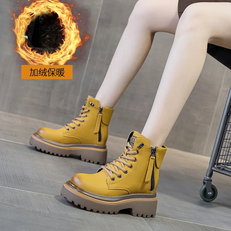 Womens Martin Boots Leather British Style Autumn and Winter Retro Thick Black Cowboy Boots Women Shoes