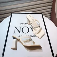 High-Heeled Shoes Lady Square heel'    Luxury Slides Block 2025 Summer Soft Designer Flat Rubber Fabr - Image 4