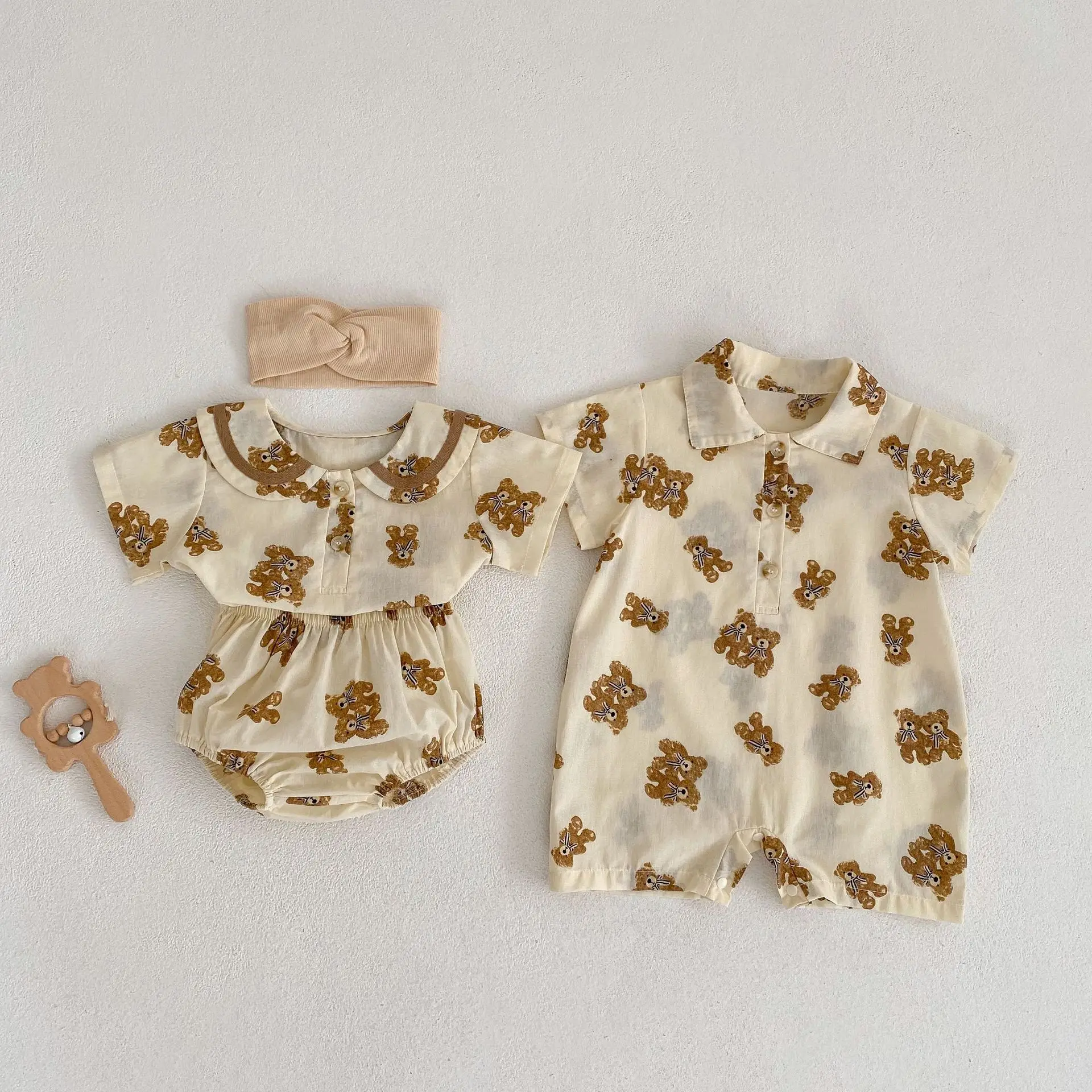 

2023 Summer Baby Clothes Boys Cartoon Turn-down Collar Romper Short Sleeve Jumpsuit Or Toddler Girls Bear Tees And Shorts Suits