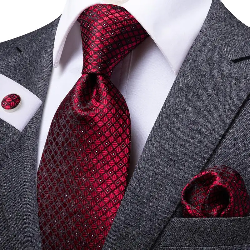 Hi-Tie Designer Red Burgundy Plaid Silk Wedding Tie For Men Handky Cufflink Gift Mens Necktie Fashion Business Party Dropshiping