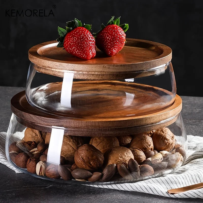 Glass Food Storage Containers Wooden Lid Kitchen Snack Fruit Candy Nut Sundries Storage Organizer 1PCS KEMORELA