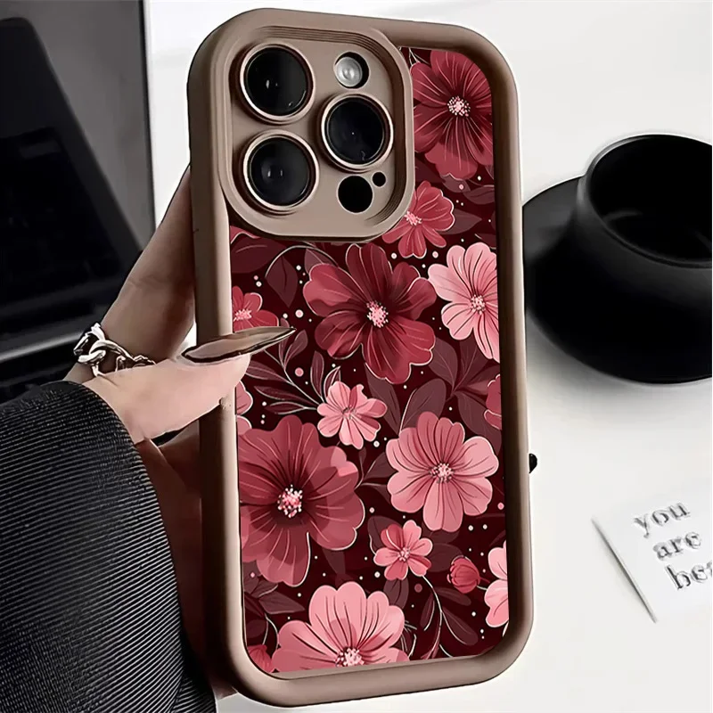 Luxury Burgundy Flower Matte TPU Shockproof Phone Case