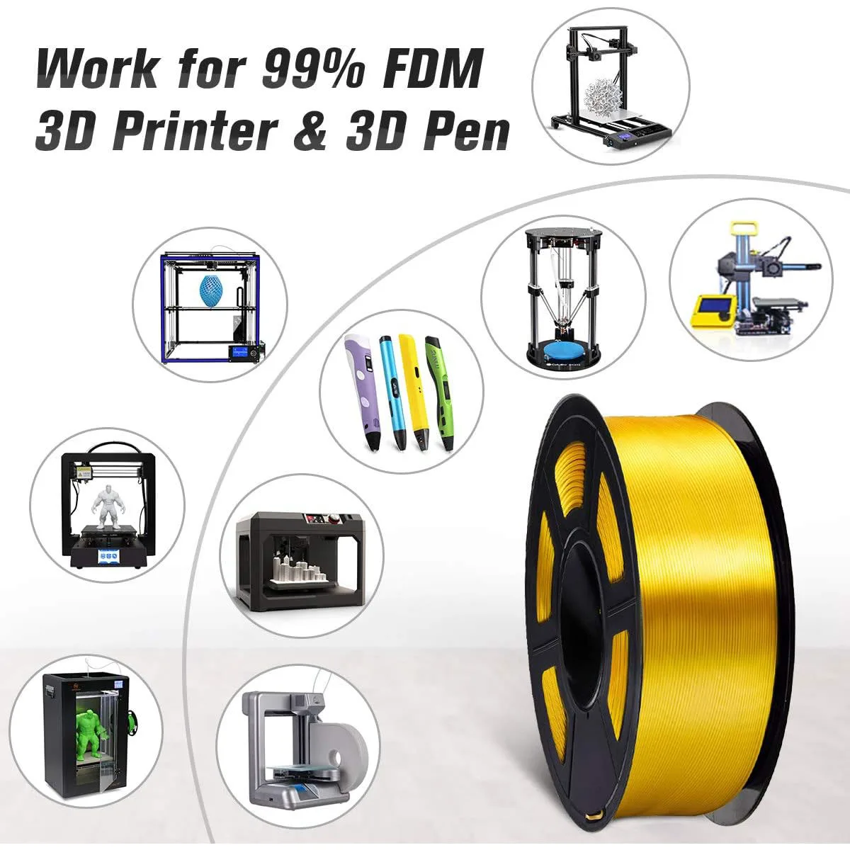 실크 골드, 실버 PLA 필라멘트 1.75mm 3D 프린팅 1kg 스풀 샤이니 메탈릭 3D 프린터 재료 골든 샤인