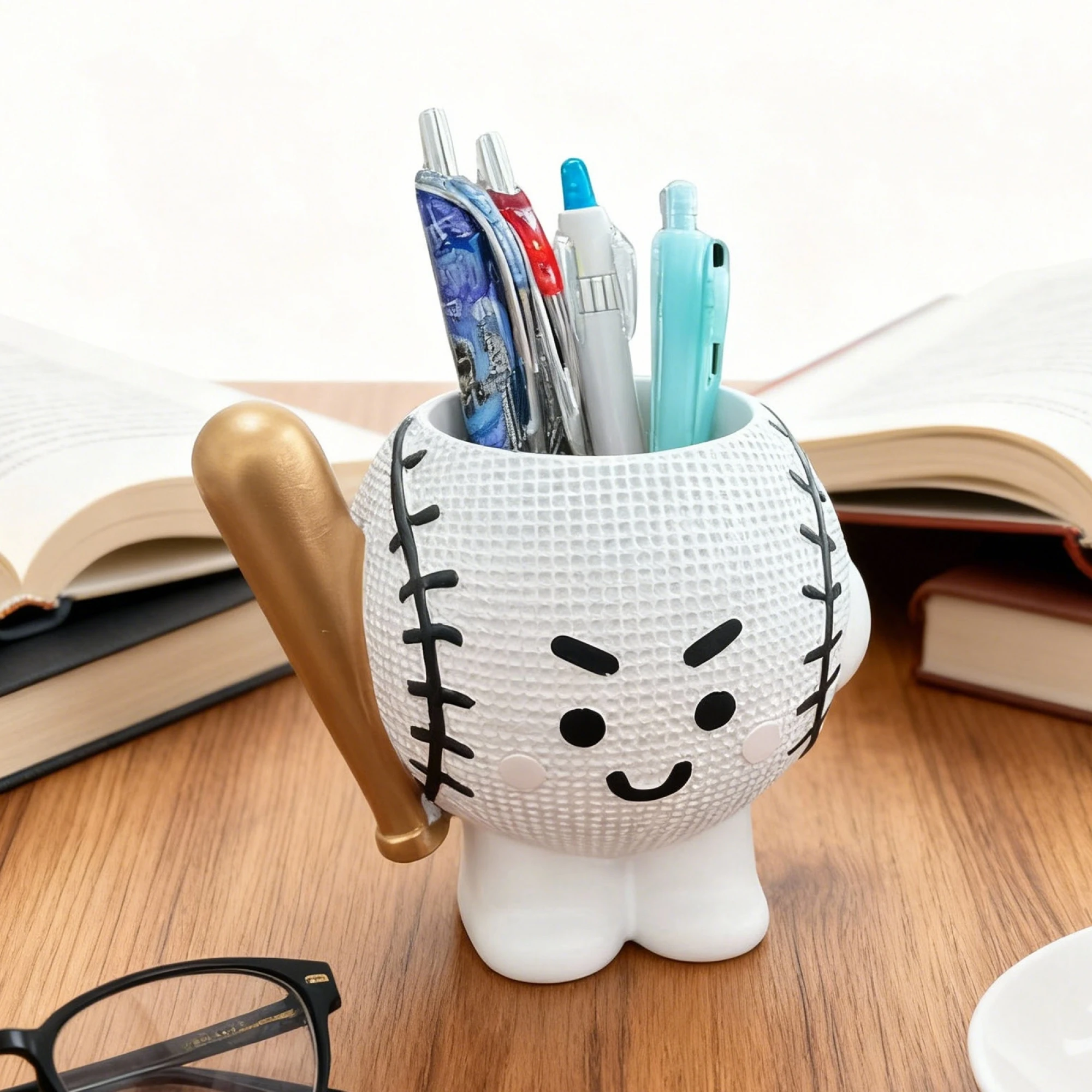 Baseball-themed Resin Desk Organizer with Flower Pot Design - Adorable Pencil Holder for Home or Office Desktop Storage