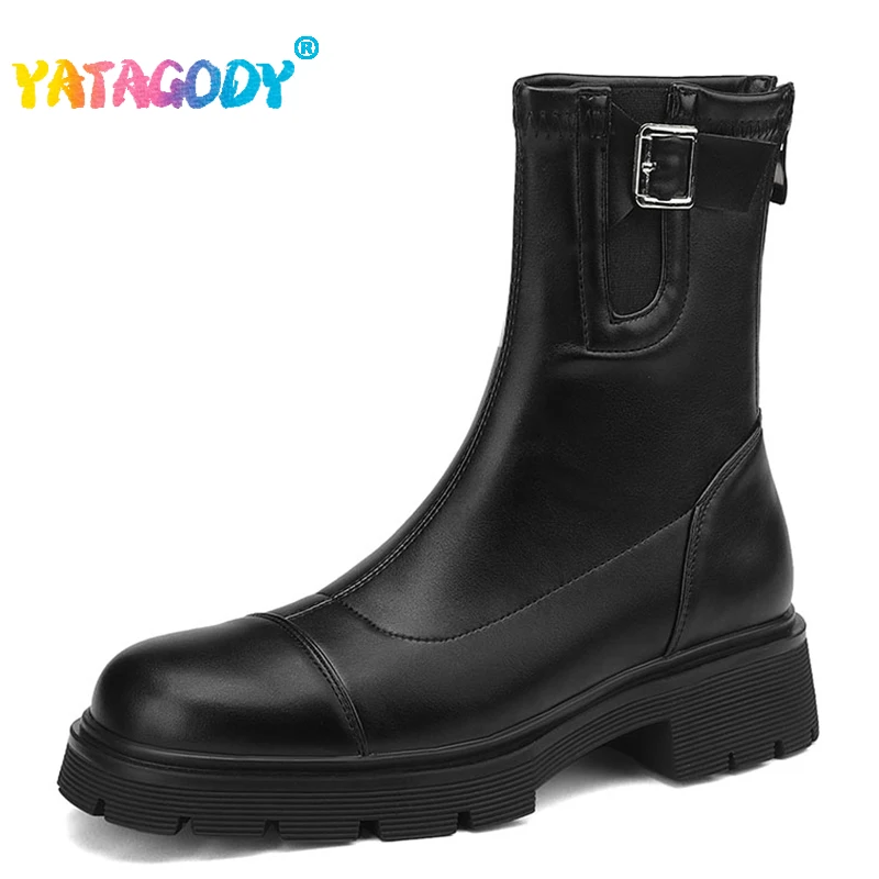 

YATAGODY Size 34-43 Women Ankle Boots Buckle Strap Chunky Heels Winter Shoes Woman Platform Boots Zipper Elastic Leather Booties