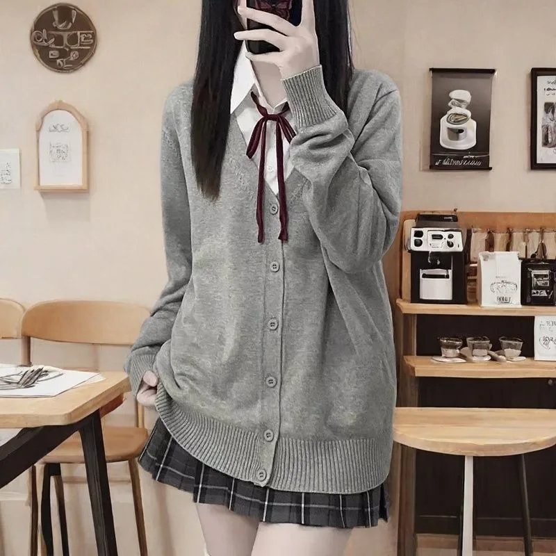 Japanese fashion solid color V-neck knitted sweater,original newJK uniform cardigan top,autumn and winter women's cotton sweater 2