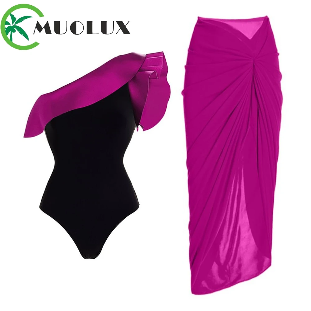 

MUOLUX 2023 Sexy 3D Flower Ruffle One Piece Women Swimsuit Skirt Vintage Swimwear One Shoulder Beach Dress Bath Suit Monokini