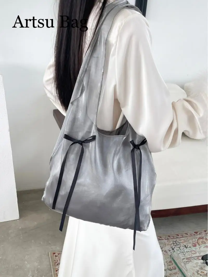 

Fashion Gentle Pearl Gauze Bow Shoulder Bag for Women's Seaside Vacation Tote Bag Niche Design Underarm Bag