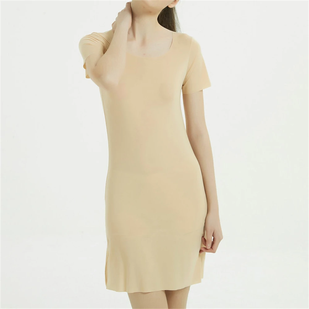 summer sexy Seamless Ice Silk Full Slips Dresses For Women Thin Short Sleeve Mini Cool Petticoat Underkirt Sleepwear Dress
