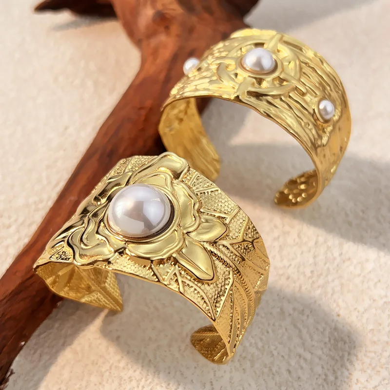 Elegant Imitation Pearl Stacking Wide Bangle Exaggerated Stainless Steel PVD Irregular Open Cuff Armband Bracelets Party Jewelry