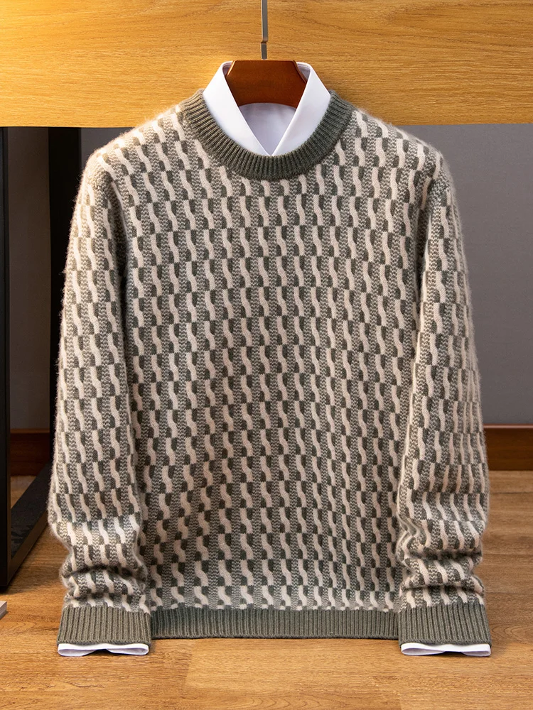 100% Cashmere Sweater Men's Autumn Winter New Round Neck Knitted Pullover High-end Thickened Inlaid Flower Men's Clothing Warm 3