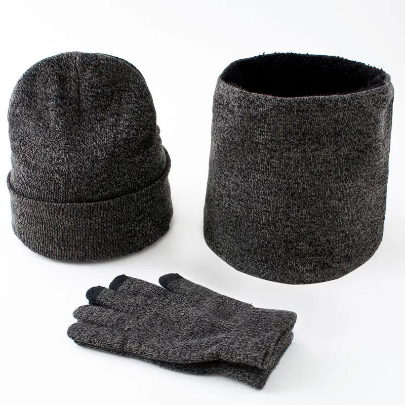 Men's Autumn Winter Keep Warm Set Unisex Beanie Gloves Scarf Male Woolen Yarn Knit Muffler Solid Color Hat Drop Ship