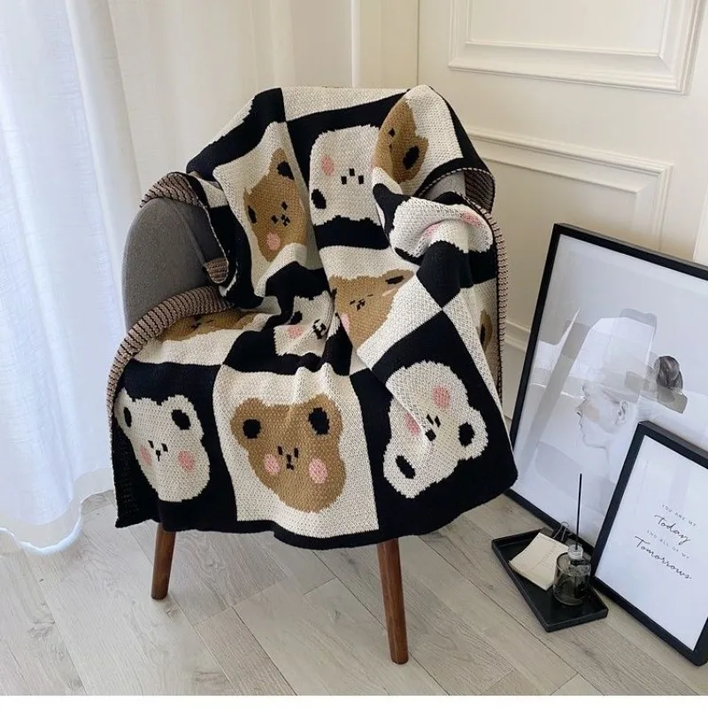 

Sofa Bed Throw Blanket Vintage Cute Bear Printed Knitted Towel Office Nap Cover Sleeping Leg Warm Shawl Air Conditioning Blanket