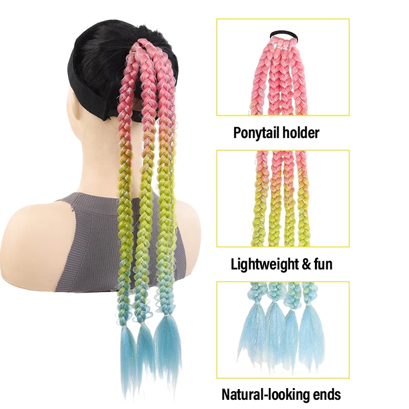 합성 헤어 무지개빛 땋은 머리 포니테일 ? 3톤 그라데이션, 긴 트위스트 디자인, 거리 및 행사 착용 시 시선을 사로잡는 제품