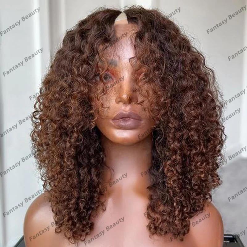 Glueless Remy 100% Human Hair 1x4 V Part Wigs for Black Women 200Density Caramel Brown Natural Kinky Curly Opening V Part Wig