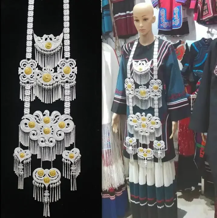 

Chinese Liangshan Yi People Long Necklace Women Tradition Accessories Hmongb Big Metal Miao Sliver Colour