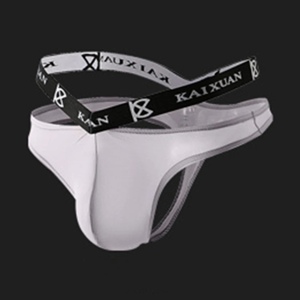 

Sexy Men Low Rise Ice Silk Hollow Underwear Elastic Waistband Letter Printed T-Back Thong Jockstrap U Pouch Seduction Panties