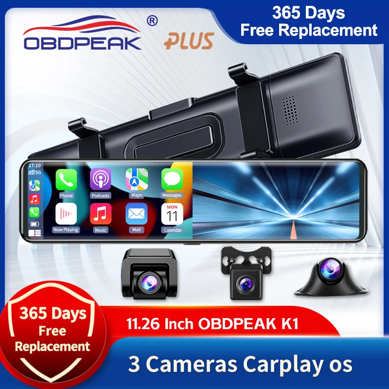 3 Cameras Dash Cam Carplay & Android Auto 2.5k 2560*1440p Rearview Mirror Video Recording Wifi