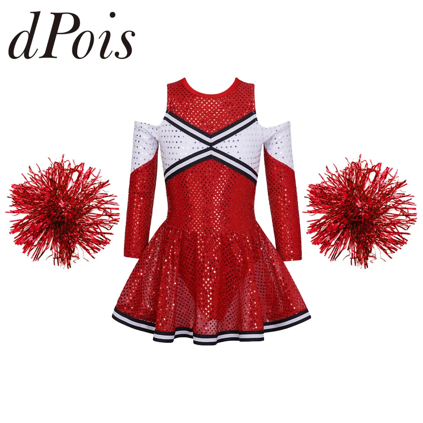 Kids School Girls Cheerleader Costume Cheerleading Uniforms Dance Dress With Flower Balls Set for Cospaly Performance Dancewear