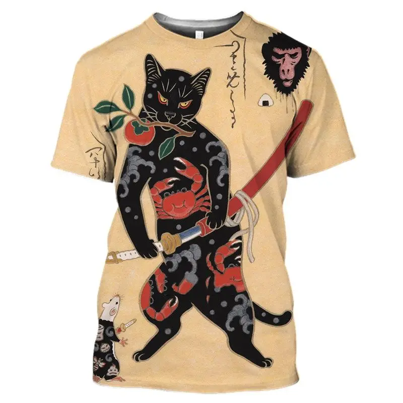 

Japanese Samurai Cat Printed Men's T Shirts Funny 3D Animal Graphic T-Shirts ​Summer Casual O-neck Loose Tops Short Sleeve Tees