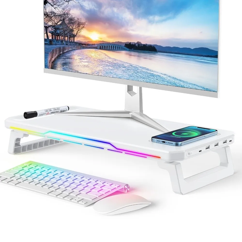 3개의 USB 2.0 포트가 있는 PC 모니터 스탠드, RGB 조명, 무선 충전, 노트북 모니터 홀더, 인체공학적 타입-C 노트북 수납 랙