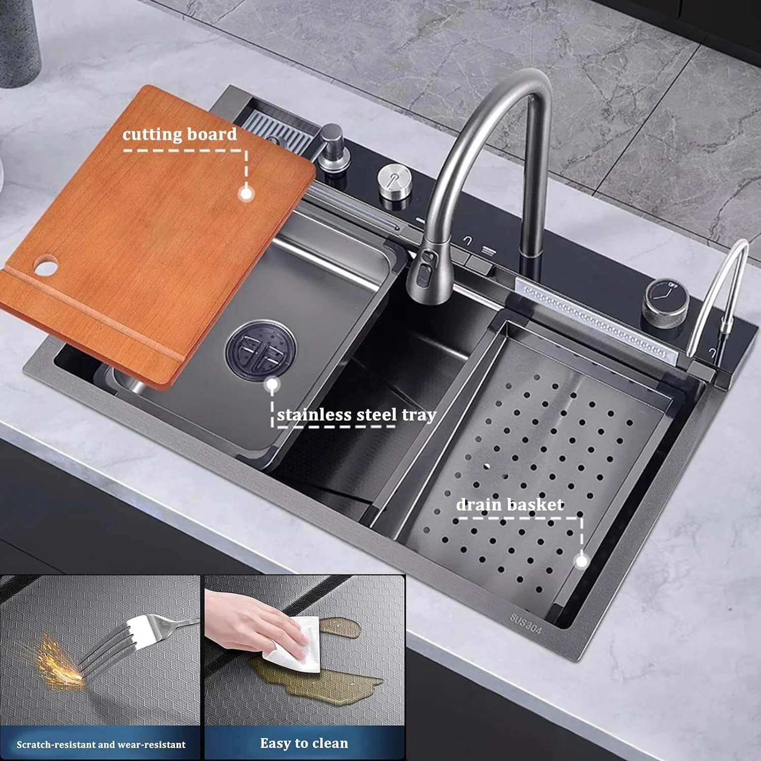 Digital Display Embossed Nano Sink with Pressurized Cup Washer and Two Waterfalls 29.5 Inch 2