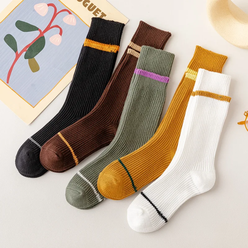 

couples medium and high socks for autumn and winter, double needle thick line stripes, cotton socks