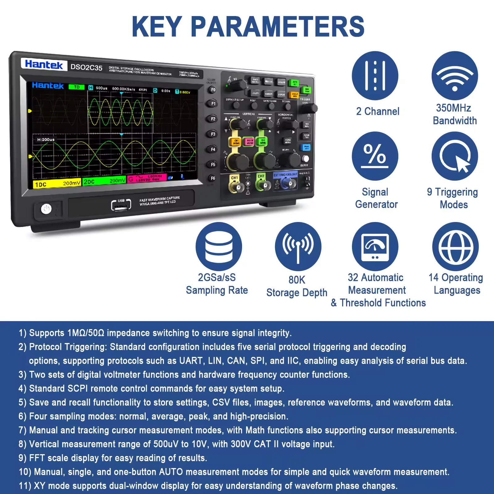 DSO2C35/DSO2D50 Lab Digital Oscillator 200/350/500MHZ, 2CH/2CH+1CH ,2GSa/s 80K U