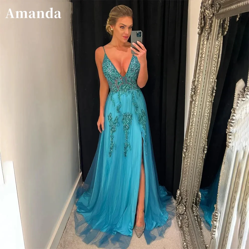 

Amanda A-line Sling Prom Dress Sexy Tulle Side High Split مجموعات المجوهرات Green Gleeveless aneis combinando