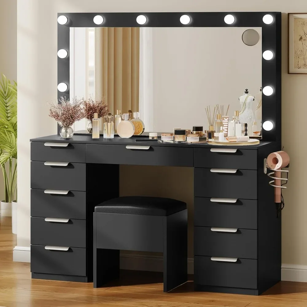 Vanity with LED-Lit Mirror & Electrical Socket, Cosmetic Vanity Station with 11 Compartments and Magnifier, 46'' Dressing Table 6
