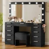 Vanity with LED-Lit Mirror & Electrical Socket, Cosmetic Vanity Station with 11 Compartments and Magnifier, 46'' Dressing Table 6